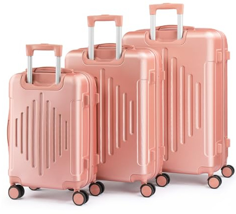 LALAHO Kofferset 3 teilig, Reisekoffer Set, Hartschalen Koffer Set aus ABS, Gepäckset mit Teleskopgriff, Handgepäck und Eckenschützern, Roségold