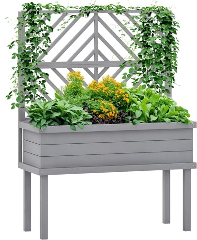 Outsunny Raised Garden Bed with Trellis for Climbing Plants, Vegetable, Grape Vines, Elevated Planter Box with Legs, Drainage Holes and Filter for Outdoor Garden, Patio, Gray