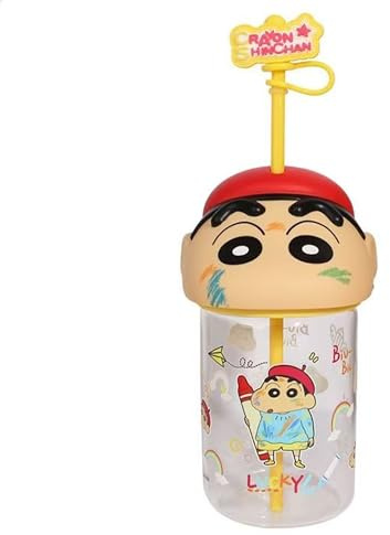 YY Vaso de vidrio con forma de Shin-chan, vaso de 555.9 g con tapa y popote, vaso de cerveza para mojito, refrescos, batidos, whisky, café helado, cóctel, té, jugo