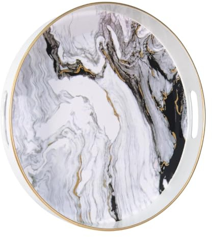 Heaven4you Plateau de service ou de salle à manger rond à motif marbre noir et blanc – Plateau décoratif élégant brillant avec bordure dorée pour table basse, comptoir de cuisine, coiffeuse ou
