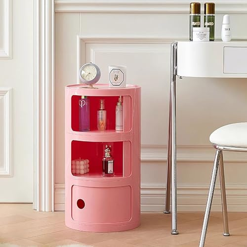 Moderno comodino rotondo con cassetti, piccolo comodino con contenitore, elegante armadio rotondo con porta scorrevole, tavolino in plastica per camera da letto e soggiorno