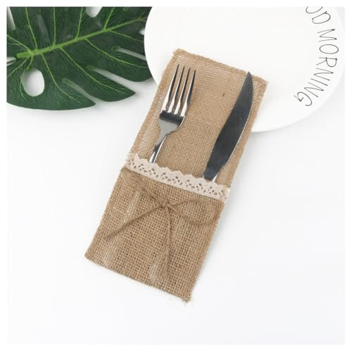 Hrlace Jute Bestecktaschen Sackleinen Spitze Besteckbeutel Besteckhalter Vintage Geschirr Tasche aus Naturjute und Spitzen Tischdeko für Hochzeit Brautdusche Party Weihnachten Geburtstag #G 50 Stück