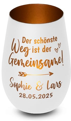 Windlicht personalisiert „Der schönste Weg ist der Gemeinsame!“ - Glas mit Gravur - Liebesgeschenk für Paare, Geschenk zum Jahrestag, zur Hochzeit für Brautpaar, Deko - Weiß, innen Bronze