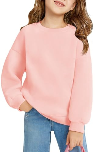 Haloumoning Sweatshirt flicka rund hals överdimensionerad tröja barn lätt sport långärmad tröja enfärgad basic långärmad toppar 5–14 år, ROSA, 11-12 år