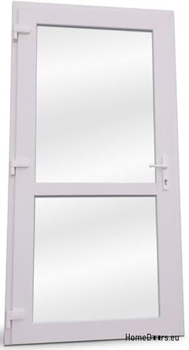 Haustür Kunststoff 90x200 cm DIN Links | Nebeneingangstür mit Sicherheitsverglasung | Kellertür Komplettset für Shop, Garage, Haus | Eingangstür mit 4-Punkt-Schloss und Zubehör | Weiß