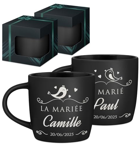 Maverton 2x Tasse Personnalisable, Set 2x Mug personnalisé | Cadeau Personnalisé Anniversaire Mariage, Couple Couple Saint Valentin, Tasse a cafe noire avec prénom, jeunes mariés