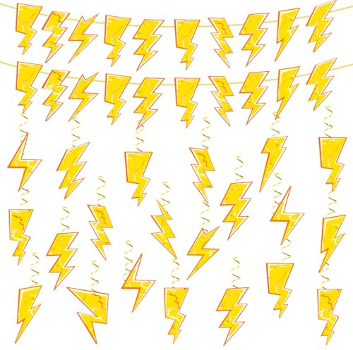 50 Pcs Lightning Bolt Banner Gold Lightning Hanging Swirls Flash Weather Streamers Yellow Cartoon Hanging Banner Anime Party Decorations for Kids Baby Shower Birthday Party Supplies
