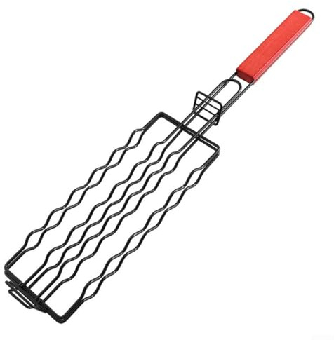 Cesta de parrilla para perros calientes con abrazadera de salchicha de malla de metal con cerradura y mango de madera resistente al calor para picnic al aire libre, barbacoas, barbacoas, fiestas