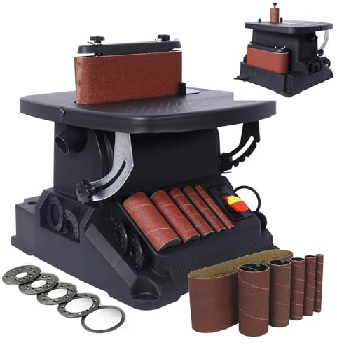Lijadora combinada 2 en 1 con husillo oscilante vertical y lijadora de banda, lijadora de bobina para carpintería con 5 mangas de lijado, mesa inclinable a 45°, para contornos y curvas