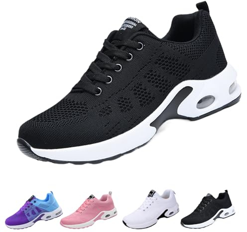 AioTio promenadskor, dam, halkfria, sportiga sneakers, dämpningsplattform, moderiktigt, nät, lätt, fotvalvsstöd, fritidsskor, svart, 41 EU