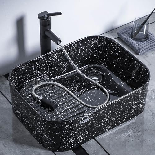 Lavandino da Appoggio per Bagno in Ceramica, Mobile Lavatoio Rettangolare da Bagno, Rubinetto Estraibile e Set di Scarico per Lavanderia, Balcone, Bagno(50.5x38.5x16cm/19.9x15.2x6.3in)