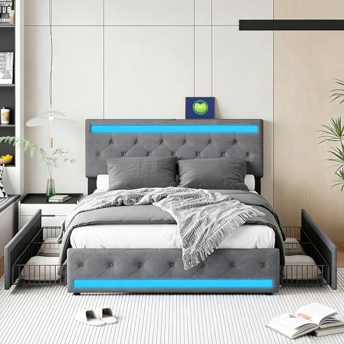 Lit 180x200 avec Sommier, Lit Coffre avec 4 Tiroirs Rangement et Éclairage LED et Port USB, Tête de Lits Rembourré Réglable en Hauteur, Lits 2 Personnes pour Adultes et Adolescents,Sans Matelas, Lin