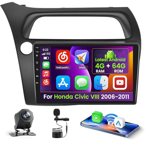 Inefala 4+64G Android 15 bilradio för Honda Civic VIII 2006-2011 med trådlös CarPlay Android Auto, 9-tums skärm, stöd för FM, RDS, 32EQ, GPS, Bluetooth, WiFi, SWC, AHD, backkamera