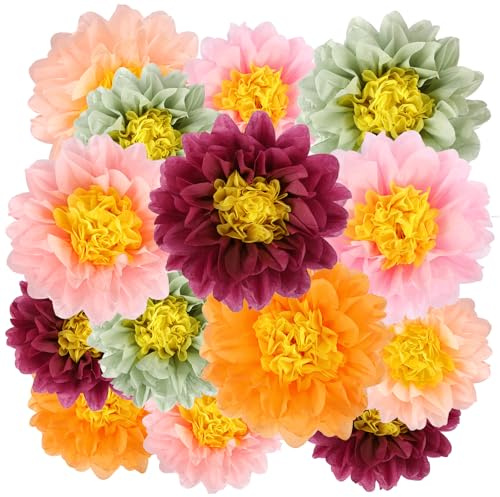 BestoFun 14er Set Papierblumen Orange Weinrot Salbeigrün Seidenpapier Pompons Deko Rosa Tissue Papier Pom Poms Blumen Hängende Girlande Dekoration für Hochzeit Gartenparty Geburtstag Party Deko