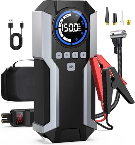 Starthilfegerät Auto 6000A mit Luftkompressor 150 PSI, 12V Auto Starthilfe für Benzin bis 10,0L & Diesel bis 8,0L, Powerbank QC3.0, LED-Notlicht, Reifendruckanzeige