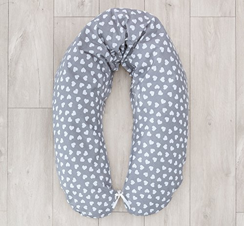 LOOLAY® Bezug für Stillkissen XXL Baby Lagerungskissen Seitenschläferkissen 170cm Muster: Herzchen grau