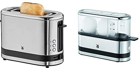 WMF KÜCHENminis 1-Scheiben Toaster Langschlitz XXl-Toast Brötchenaufsatz 7 Bräunungsstufen Überhitzungsschutz 600W Edelstahl matt & 415020011 KÜCHENminis 2-Eier-Kocher, Eierkocher