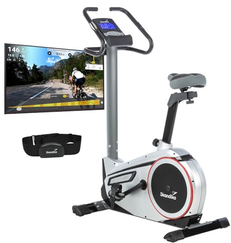 skandika Ergometer Morpheus | Heimtrainer für Zuhause, 12 kg Schwungmasse, 32 Widerstandsstufen, 24 Programme, App Kompatibel mit Kinomap, Pulsgurt, Tablethalterung | Indoor Fahrrad bis 150 kg