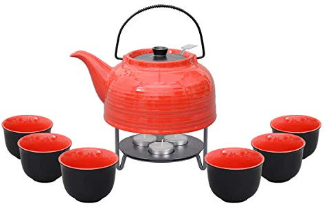 Teeservice „Nelly“. Moderne Teekanne 1,5 Liter in rot-schwarz aus hitzebeständiger Keramik mit Edelstahlfilter, 6 Teecups 120ml in rot-schwarz und Metall-Stövchen.