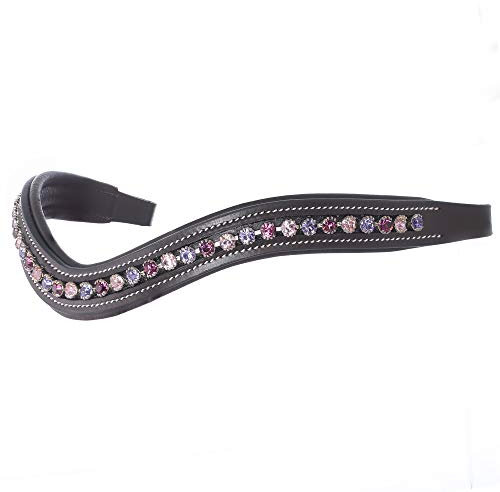 ExionPro gebogenes, gepolstertes Bling-Kristall-Stirnband aus Leder für Pferdezaumzeug|Mit Diamanten verzierte Bling-Stirnbänder für die englische Dressur|Kristallfarbe – Fuchsia, Hellrosa, Tansanit