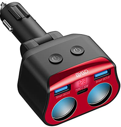 BYGD 12V/24V Allume Cigare Adaptateur 2 Prise, Adaptateur Allume-Cigare avec 20W Type C+2 QC 3.0 connecteurs et USB avec voltmètre LED pour ipad, GPS, Dash Cam, etc.