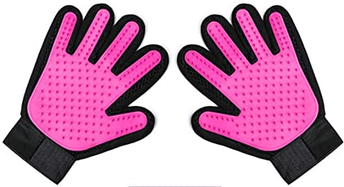 Boolavard Pet Grooming Glove - Gentle Deshedding Brush Glove - Efficient Pet Hair Remover Mitt - Enhanced Five Finger Design - Perfect for Dog & Cat with Long & Short Fur - 1 Pair (Purple)
