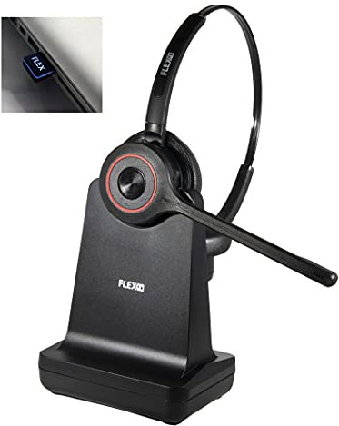 Auricolari stereo Bluetooth con caricatore da tavolo per ufficio - Auricolari wireless con microfono a cancellazione del rumore per PC e telefono cellulare - FLEX redline R6 duo con adattatore USB A -