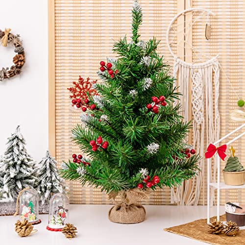 COSTWAY 60 cm Mini künstlicher Weihnachtsbaum, Kleiner Tannenbaum, Tisch-Christbaum mit 76 Spitzen, roten Beeren & Zementbasis, Kunstbaum Weihnachten für Weihnachtsdeko, Grün