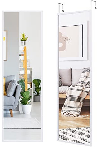 RELAX4LIFE Wandspiegel Metallrahmen, Spiegel Hartglas, Ganzkörperspiegel Wand- & Türmontage, Türspiegel mit 3-stufig verstellbarem Haken, Hängespiegel für Schlafzimmer Garderobe Eingang (Weiß)