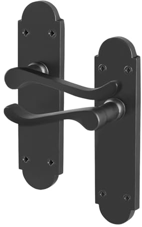 EAI Matt Black Door Handles, 1 Pair on Backplate - Victorian Scroll | 1 Pair of Victorian Scroll Lever on Backplate Internal Door Handles, Fixings Included