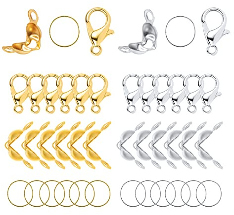 AIEX 540Stck. Schmuckherstellung Zubehör, 240 Knotenabdeckungen für Perlenspitzen, 240 Sprungringe Schmuck und 60 Schmuckverschlüsse Set, Schmuckherstellung Set (Gold, Silber)