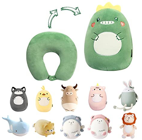 JOYRAVO Kinder Reisekissen - 2-in-1 verformbares Nackenkissen, weiches U-förmiges Kissen mit niedlichen Plüschtieren, für Schlaf- und Spielbegleiter im Flugzeug, Auto und auf Reisen - Dinosaurier
