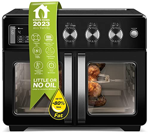 TurboTronic Mini horno, horno de convección 4 en 1 y freidora de aire caliente, versión XXL de 32 l, incluye tortitas y muchos accesorios, bandeja para hornear, secadora a 25 °C y grill, airfryer,