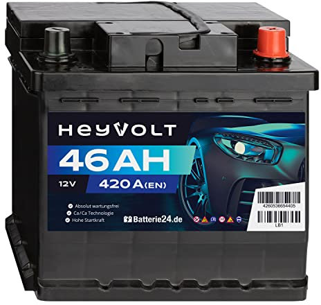 HeyVolt Autobatterie 12V 46Ah 420A/EN Starterbatterie, absolut wartungsfrei ersetzt 36Ah 41Ah 43Ah 44Ah 46Ah