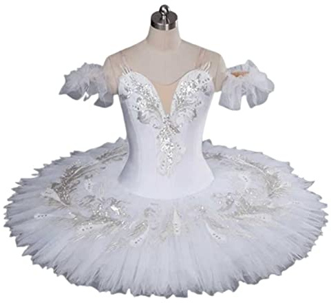OTMYIGO Mädchen Professionelles Ballett Kostüm Ballerina Ballett Tutu Für Mädchen Prinzessin Pfannkuchen Tutu Tanz Ballett Wettbewerb Kleid,Weiß,140CM