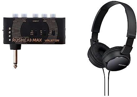 VALETON Rushead Max Mini Verstärker USB Aufladbar Portabel Hosentasche Gitarre Kopfhörerverstärker Schlafzimmer Multieffekte RH-100 & Sony MDR-ZX110 Faltbarer Bügelkopfhörer, schwarz, 25