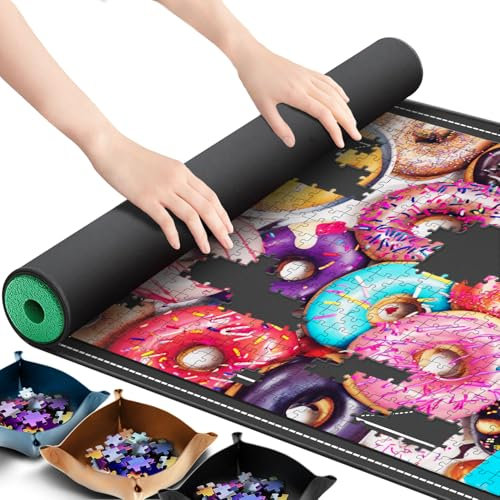 Lwoeo Jigsaw Puzzle Mat Roll Up 2000 Pieces, No Creases 48”x 31”Rubber Saver Pad, Black Large Puzzle Matt Rollup with 6 Sorting Trays & Travel Storage Bag for Sorting Table, Board, Puzzles Mats