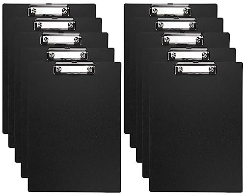 BOMKEE Schwarzes Klemmbrett A4, 10 Stück Schreibbrett Klemmbrett mit Metalklemme und Loch zum Aufhängen für Büro und Zuhause (32 x 22,5 cm)