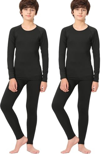 Rolimaka 2 Pack Youth Boys' Thermal Underwear Set Fleece Lined Compression Shirt Leggings Sports Tights Pants Big Kids' Base Layer XL