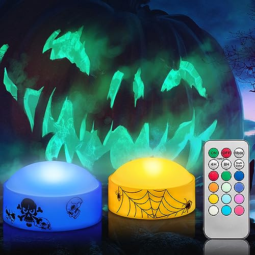 CANDLE IDEA 2 Stück Farbwechsel Halloween Flammenlose LED Kürbis Kerzenlichter mit Fernbedienung und Timer, farbige batteriebetriebene Jack-O-Laterne für den AuÃŸenbereich Halloween Kürbis Dekoration