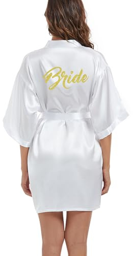 Bride Morgonrock, dam, kimono, satin, morgonrock, lätt, japansk bröllop, badrockar, pyjamas, kort, Brud vit, M