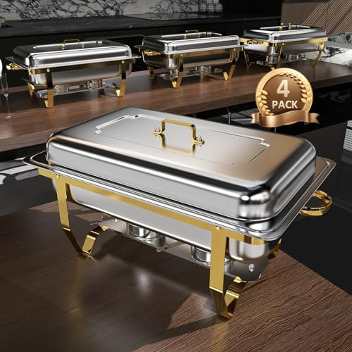 Chafing Dish Buffet Set, 8QT High Grade Chafing Dishes for Buffet, Chafers and Buffet Warmers Sets for Wedding, Rolled Edge Design with Gold and Silver, 4 Pack (1 Pan, 1 Pan, 1 Pan, 1 Pan)