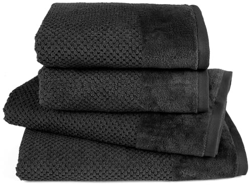 Pure Label Handtuch Set 4tlg 2xDusch 2xHand Schwarz | 100% Baumwolle, weich & saugstark - Waschbar bis 60∘C, trocknergeeignet