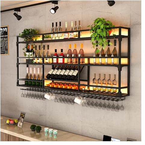 Weinregal Zur Wandmontage Mit LED-Licht,3 Etagen,Wein Regal Metall,Flaschenregal,Weinregale,Weinflaschenhalter,Für Esszimmer,Weinausstellung,Aufbewahrungsregal Für Zuhause,Bar,Küche,Schwarz/Gold ( Col