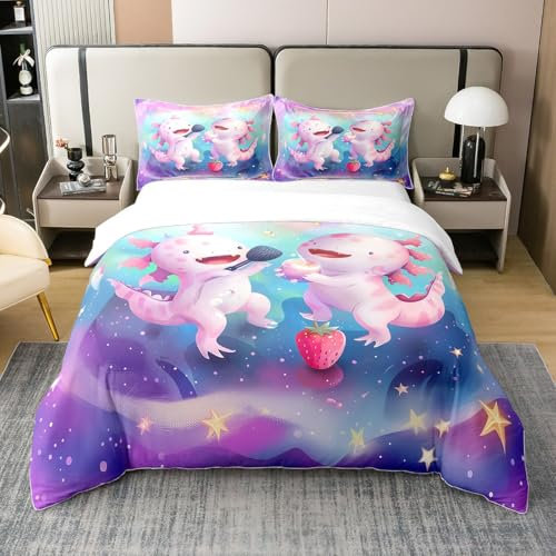 100% Bio-Baumwolle Cartoon Axolotl 200x200 Bettbezug,Süße Erdbeere Happy Cook Tröster Abdeckung,200x200Kle Sterne Lila Blau Bettbezug,Kawaii Bettbezug für Kinder Teens