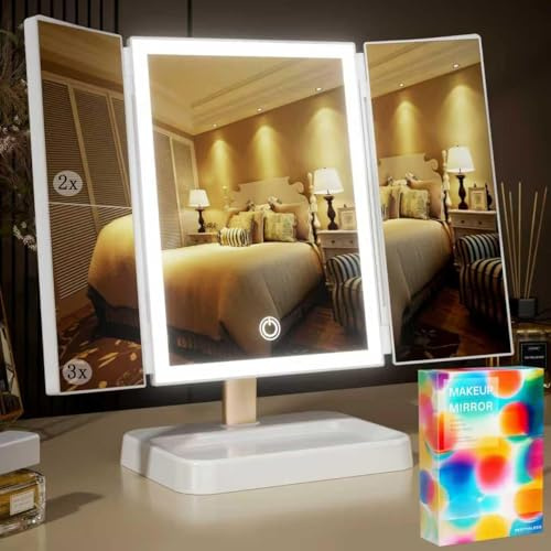 BERTHALESS for Mom Makeup Mirror Vanity Mirror with Lights, 14.4 L x 9.1 W Rechargeable Lighted Mirror with 1X 2X 3X Magnification, 76 LEDs & 3 Color Modes, Gifts for Women, Dorm Room Essentials