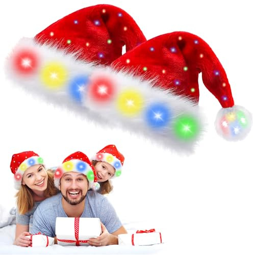 OWOAOOwl Weihnachtsmütze, Farbe LED Lichter, Nikolausmütze mit leuchtendem, Erwachsene Weihnachtsmütze Rot, Plüsch für Neujahr Festliche Weihnachtsfeier