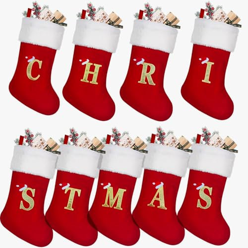 Lifemaison Personalisierte Weihnachtsstrümpfe mit Buchstaben Weihnachtssocke 50cm Bestickter Nikolausstrumpf Christmas Stockings Weißem Plüschbündchen Kamin hängende Ornamente Geschenkhalter,5pcs