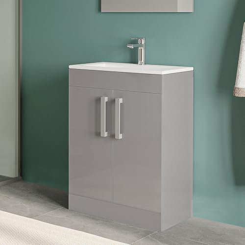 Mobiletto Bagno Da Terra Salvaspazio Da 60 Cm In Legno MDF Grigio Lucido Linea Poket Con 2 Ante Dalla Chiusura Soft-Close E Ripiano Interno, Completo Di Lavabo