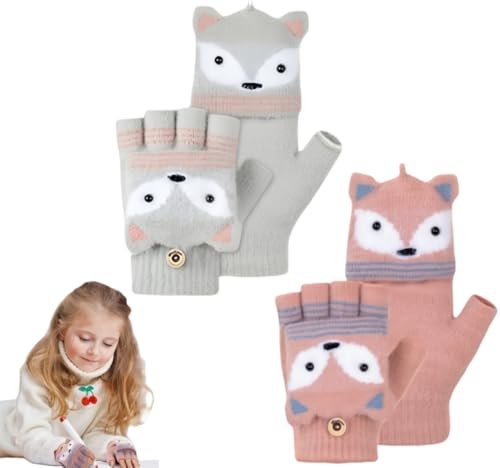 SDXCJY 2 Paar Fäustlinge mit Knopf Klappe Fingerlose Handschuhe für Kinder, dehnbare warme Strickhandschuhe, Weihnachtsgeschenke für Jungen und Mädchen. (Rosa, Grau)